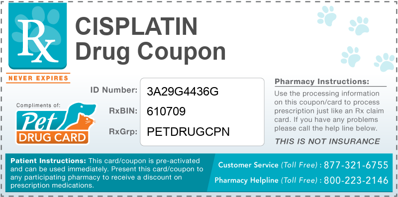 This Cisplatin coupon provides significant prescription savings at pharmacies nationwide