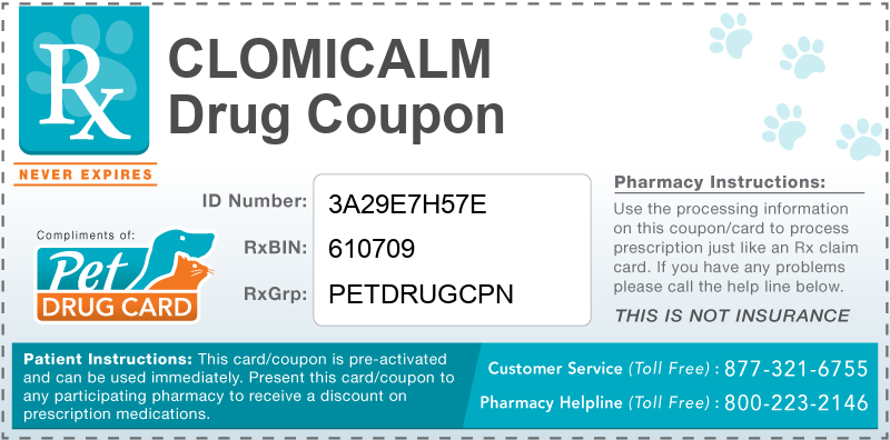 This Clomicalm coupon provides significant prescription savings at pharmacies nationwide